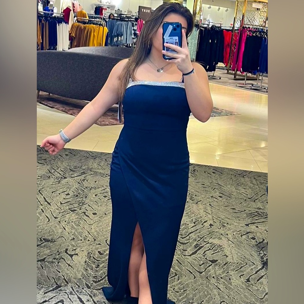 Royal blue long dress with silver band on neck line
